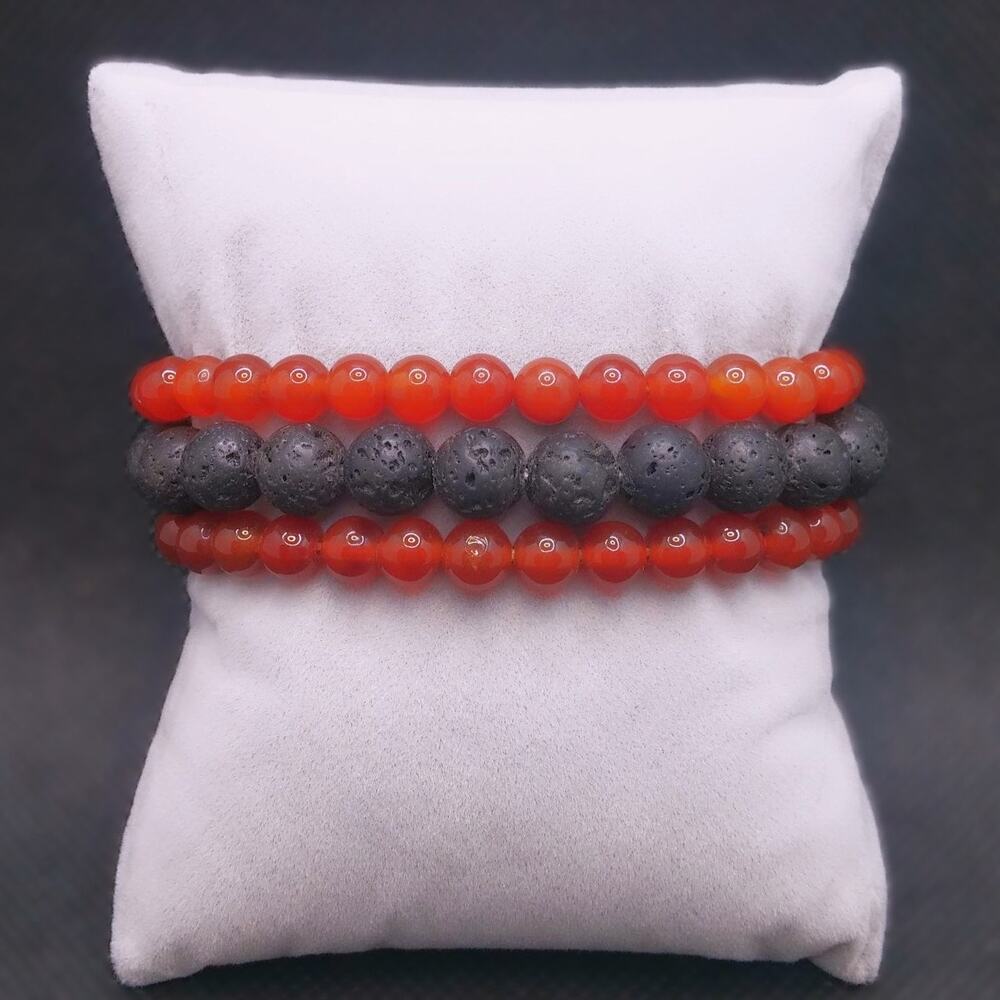 Red Carnelian Beaded Bracelets Set of 3 Black Lava Stone Diffuser Gemstone NEW